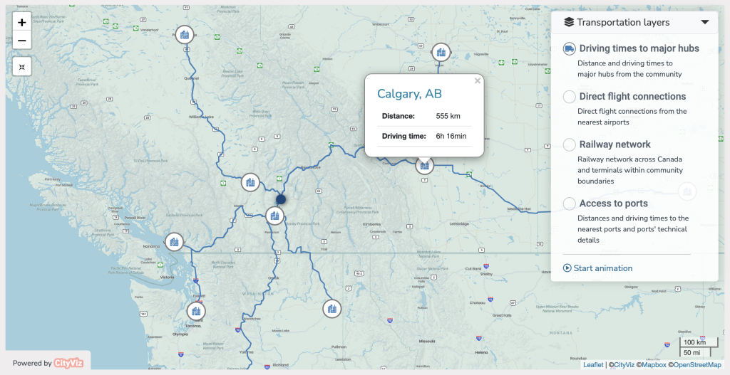 Transportation website widget - distsances and driving times to major transportation hubs