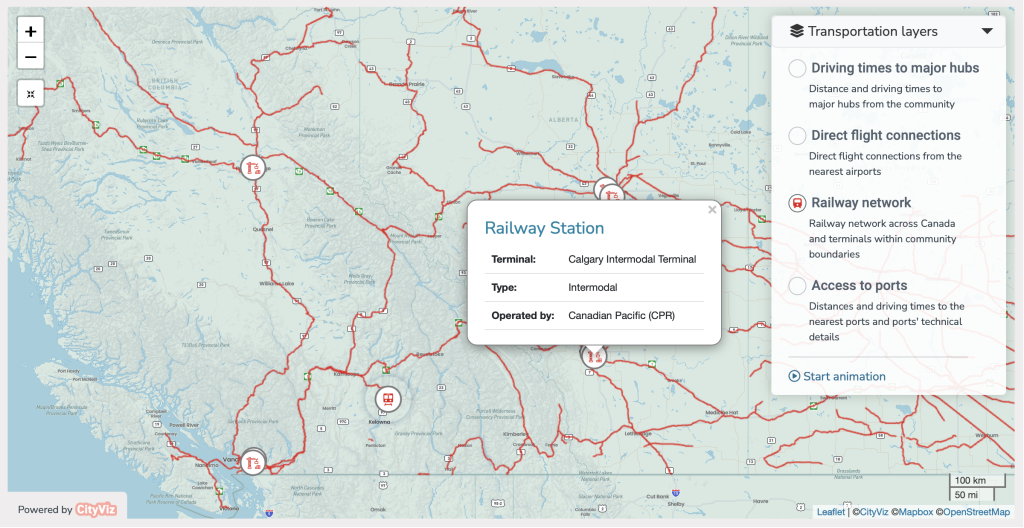 Transportation website widget - railway network with freight and intermodal terminals