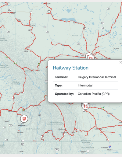 Transportation website widget - railway network with freight and intermodal terminals